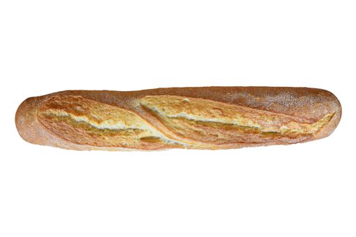 A high angle shot of a baguette under the lights isolated on a white background