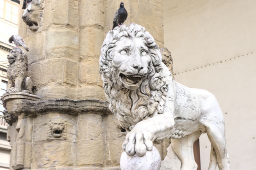 The Marzocco Lion statue at the Piazza Della Signoria in front of the Palazzo Vecchio in Florence, Italy