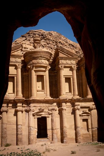 Vertical cave view on the Monastery in Petra, Jordan. Travel and tourism.