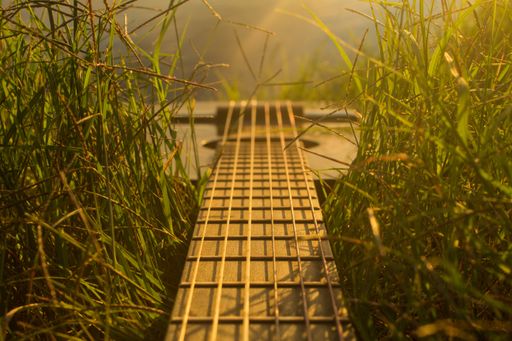 A high angle shot of a guitar on the grass - perfect for background