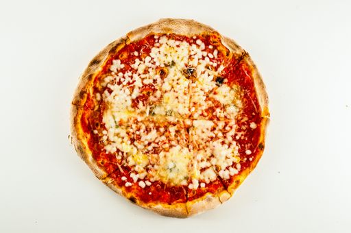 A close-up top view shot of Pizza Margherita isolated on white background