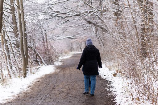 A woman walking on a footpath along trees in the Rusalka park on a cold winter day