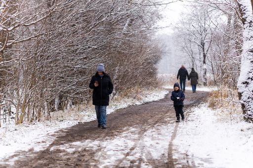 A woman and child walking on a footpath next to trees in the Rusalka park on a snowy winter day