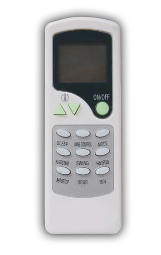 A vertical shot of remote control of an air conditioner isolated on a white background