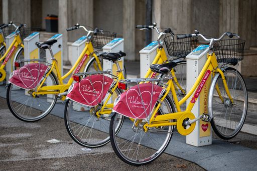 Terni, Italy, October 08, 2020: Bicycles of the municipality for rent for the city