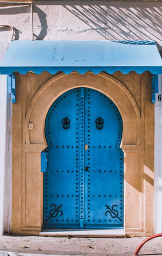 A vertical shot of a blue door in Sidi Bou Said town