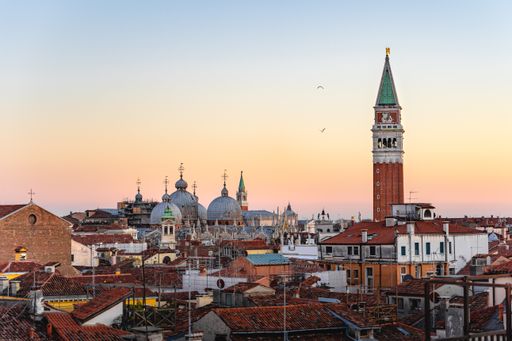 Gorgeous sunset over Campanile di San Marco in Venice with birds flying