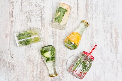 A closeup shot of lemonades on a white background