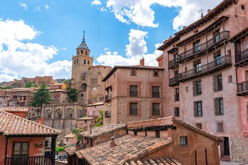 The view of the historic center of the medieval town of Albarracin in the province of Teruel in Aragon, Spain.
