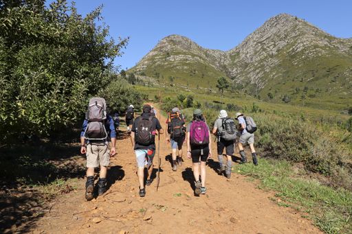 Hikers walking on a trail up towards Thumb peak near Louterwater, South Africa.