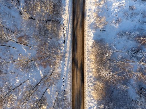 A road, street, surrounded by trees during the winter. Aerial view photography from above, bird's eye view. Forest and ground are covered with snow.