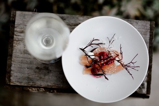 An overhead shot of a salmon dish with a vegetable leaf on top in a round white plate near the glass with a blurred background