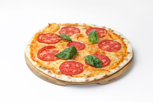 A top view of a delicious pizza isolated on a white background