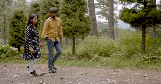 A shallow focus of a lovely South Asian young adult couple holding hands and walking in a park