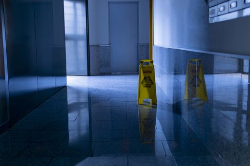 A large format shot of scrubbed marble floor with yellow CAUTION sign
