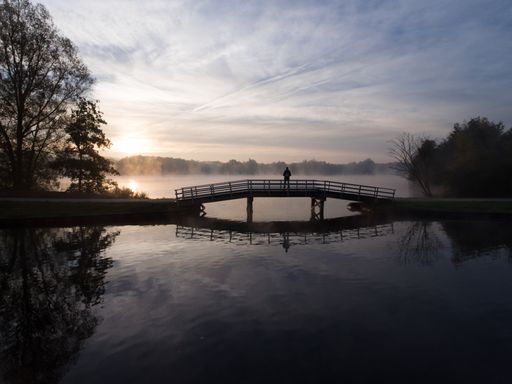 A sunrise with fog over the water surrounded by trees in the Netherlands