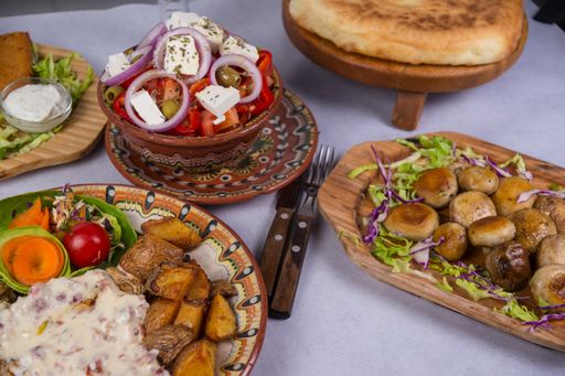 A closeup of delicious dishes on a table in a restaurant