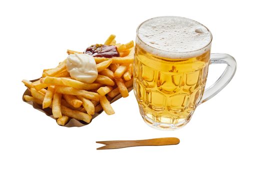 A tasty french fries with ketchup, Mayonnaise
 and a glass of beer isolated on white background