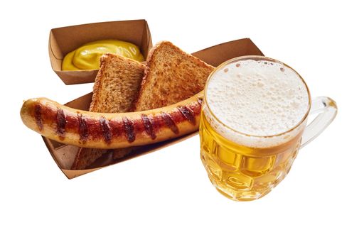 A top view of Sausage, toast bread, mustard and a glass of beer isolated on white background