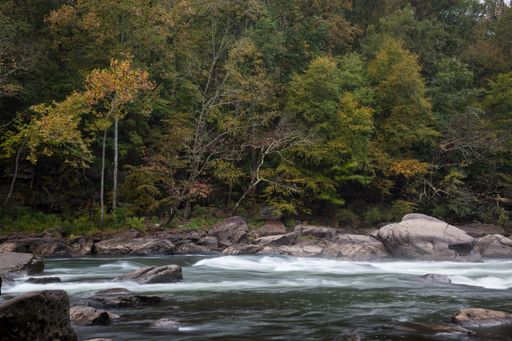 The Tygart Valley River with long exposure surrounded by trees at daylight in West Virginia