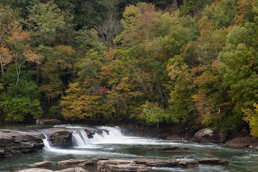 The Valley Falls on the Tygart Valley River surrounded by greenery at daylight in West Virginia