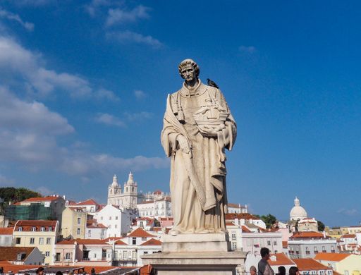 A closeup of the Christoph Columbus statue in Lisbon, Portugal