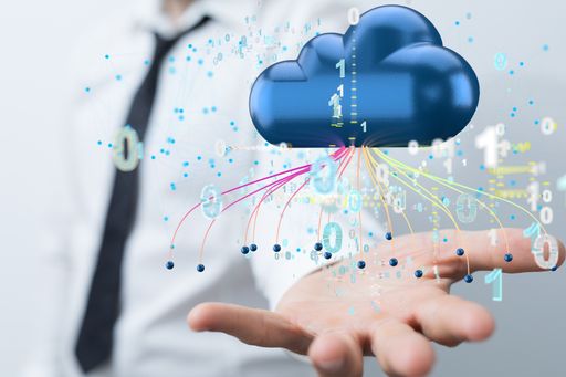A 3D rendering of a cloud storage system with numbers around it and a man holding his hand underneath