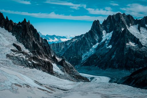 A beautiful wide shot of ruth glaciers covered in snow