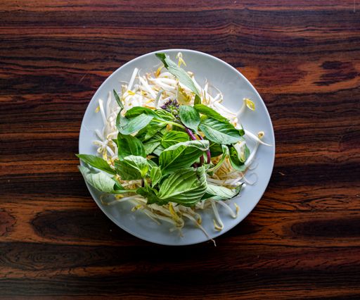 A top view of fresh basil leaves on a white ceramic plate