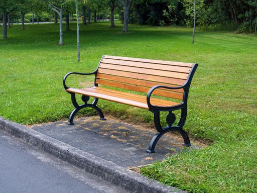 Wooden bench with black metal iron cast frame in park