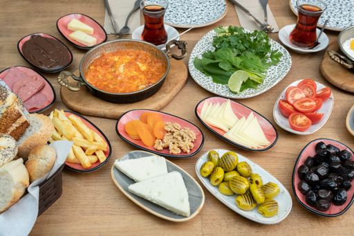 A high angle shot of a traditional Turkish breakfast table