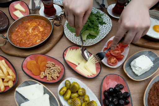 A high angle shot of a traditional Turkish breakfast table