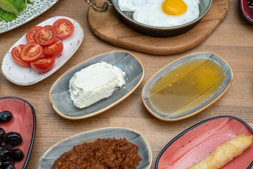 A high angle shot of a traditional Turkish breakfast table