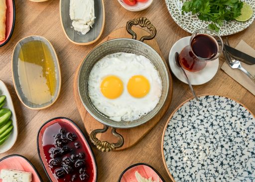 A high angle shot of a traditional Turkish breakfast table