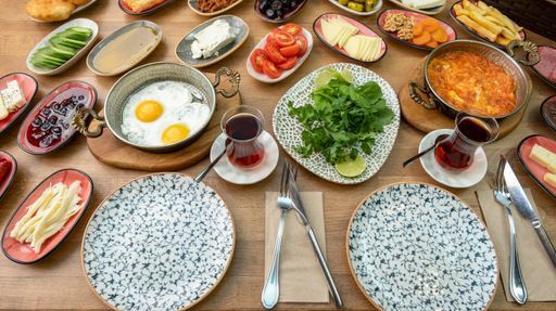 A high angle shot of a traditional Turkish breakfast table