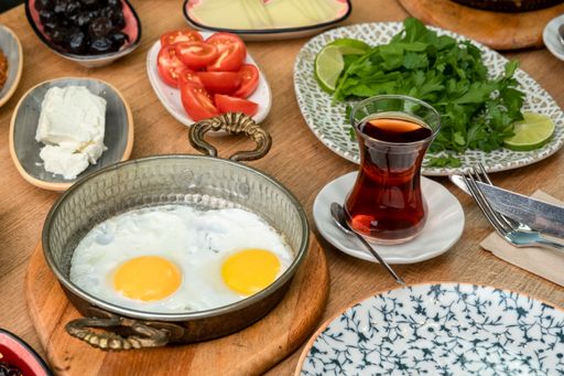 A closeup shot of a traditional Turkish breakfast table