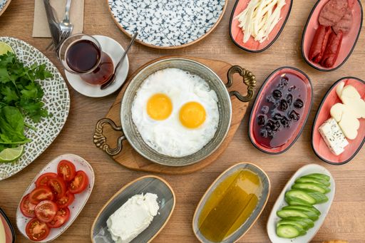 A high angle shot of a traditional Turkish breakfast table