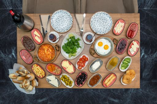 A top view of a traditional Turkish breakfast table