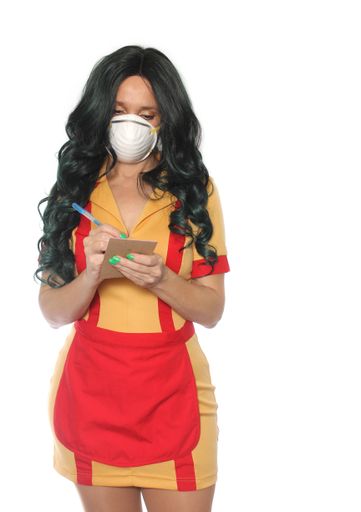 A vertical shot of a Caucasian Restaurant and Bar Waitress Wearing face Mask isolated on a white background