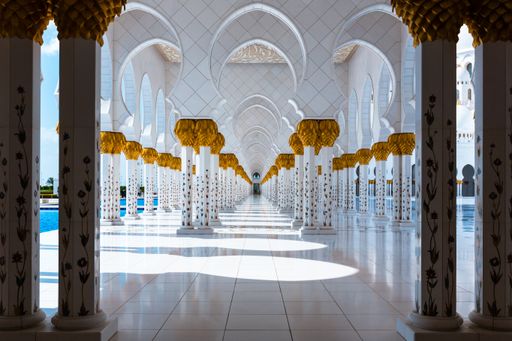 A view of architectural details of Sheikh Zayed Grand Mosque in Abu Dhabi, United Arab Emirates