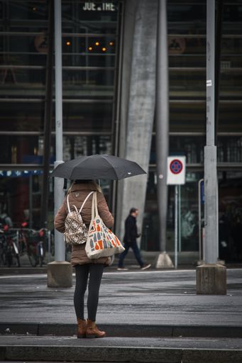 A vertical shot of the back view of a female holding an umbrella and two bags in the street