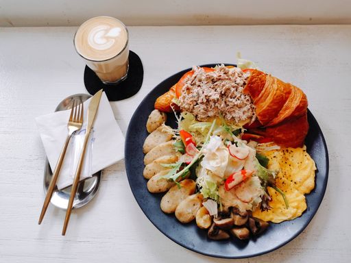 A top view shot of a breakfast meal in a restaurant