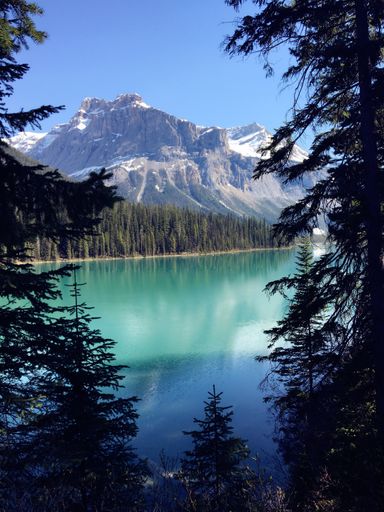 A vertical shot of Yoho National Park in Canada shows the lake, the forest, and the hills