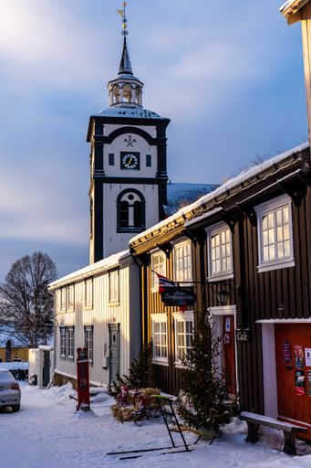 A vertical shot of a church on a winter day in Roros, Norway