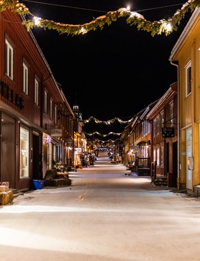 A vertical shot of an empty, frozen street on a winter day at night in Roros, Norway