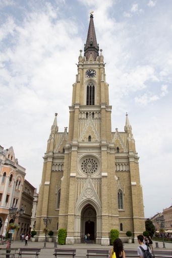A vertical shot of the Catholic Church of Mary in the city of Novi Sad, Serbia