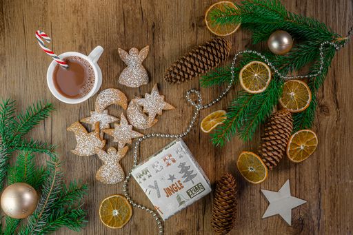 A closeup of Christmas decorations on a table