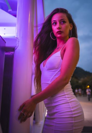 A vertical shot of an attractive female in a white dress posing in an amusement park under the purple lights in San Sebastian