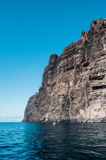 A vertical shot of a sea surrounded by cliffs