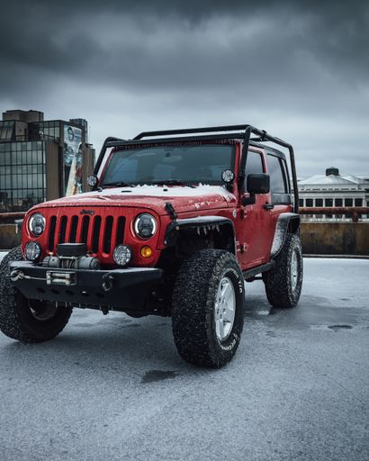 A closeup of a Jeep Wrangler on an icy day in Louisiana
